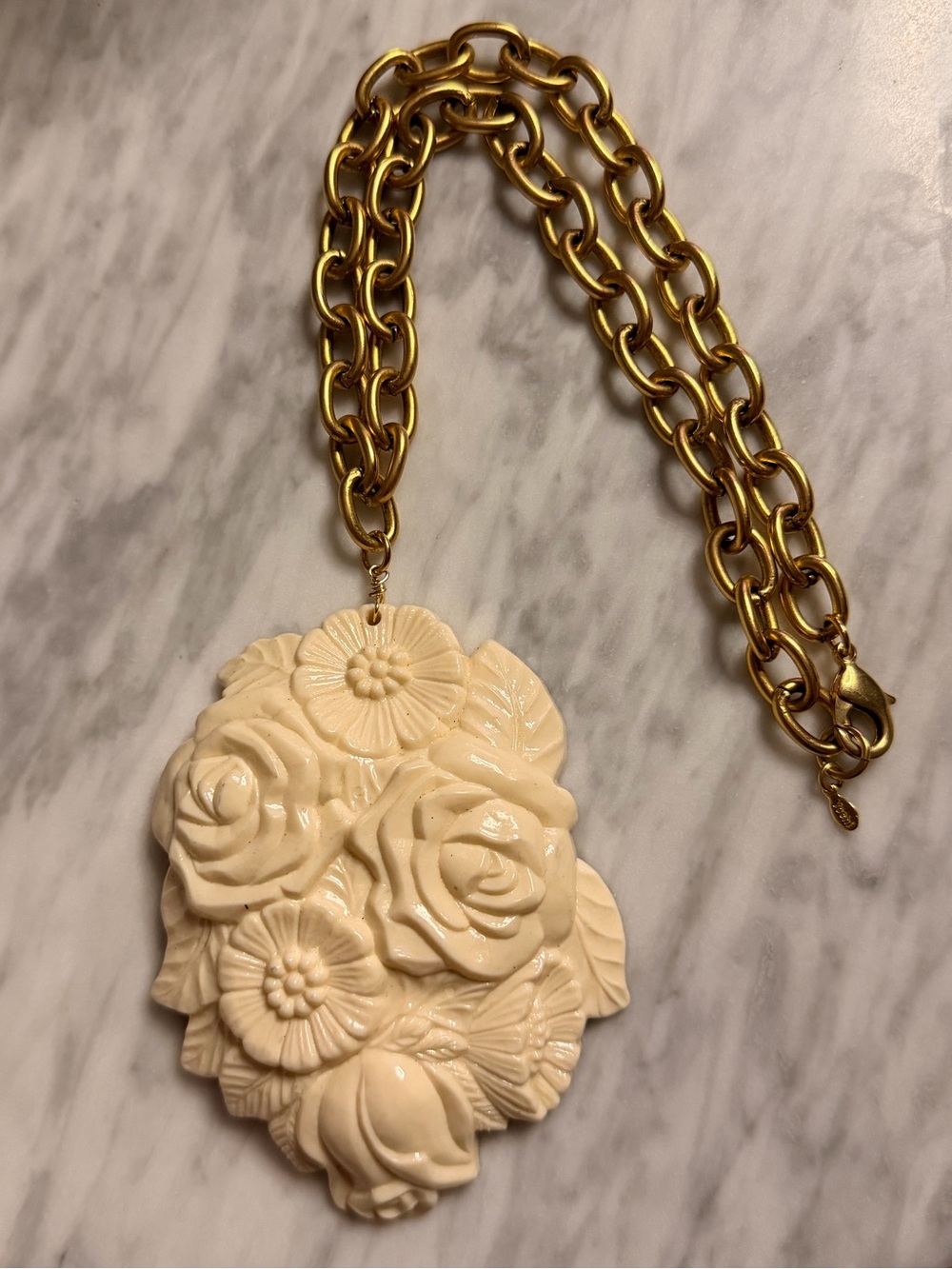Yochi Gold Chain Necklace with Cream Floral Carved Pendant